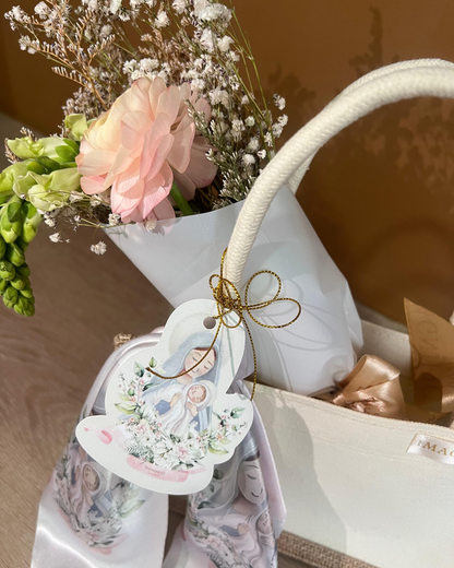 BOLSITA VIRGENCITA CON NIÑO EN BRAZOS LINO Y YUTE